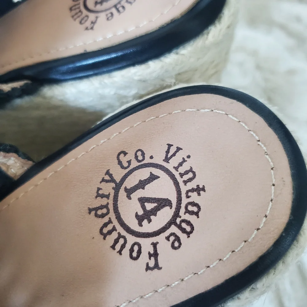 Black Leather Peep Toe Wedge Espadrilles